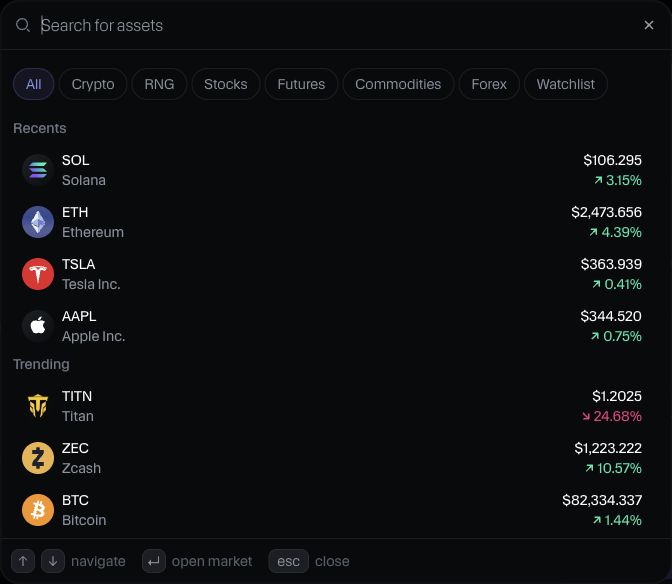 Moon market selector showing category tabs and a list of crypto and stock reference assets.